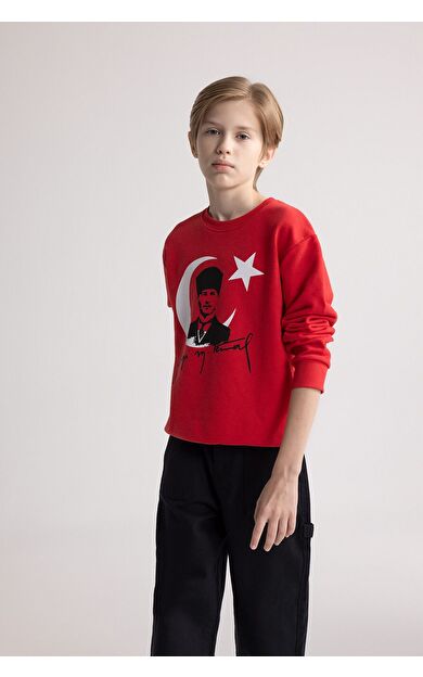 DeFacto Kırmızı Erkek Çocuk New Regular Fit Bisiklet Yaka Atatürk Baskılı Sweatshirt
