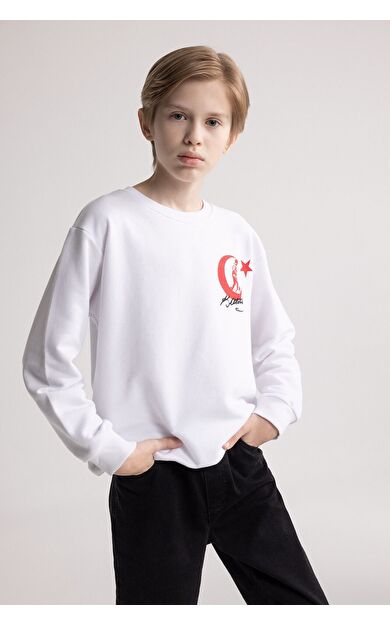DeFacto Erkek Çocuk Beyaz Regular Fit Bisiklet Yaka Atatürk Baskılı Nakışlı Sweatshirt