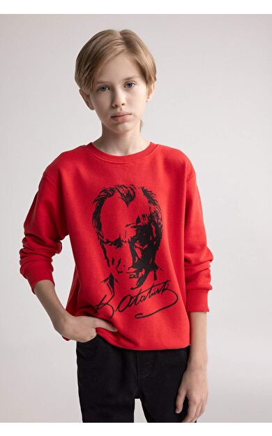 DeFacto Erkek Çocuk Kırmızı Regular Fit Bisiklet Yaka Atatürk Baskılı Sweatshirt