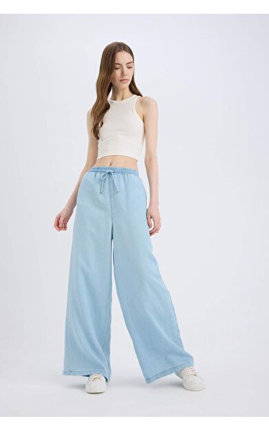 DeFacto Pull On Wide Leg Yüksek Bel Düz Paça Yumuşak Jean Yıkamalı Pantolon