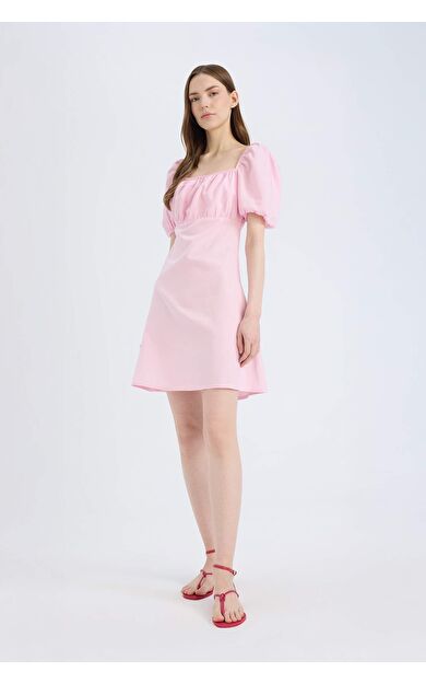 Kare Yaka Keten Karışımlı Kısa Kollu Mini Elbise