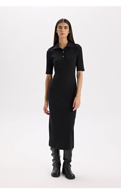 DeFacto Bodycon Vücudu Saran Polo Yaka Fitilli Kaşkorse Kısa Kollu Midi Elbise