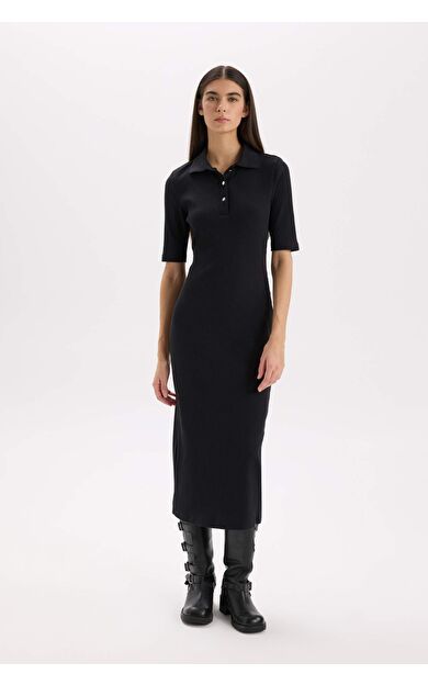 Bodycon Vücudu Saran Polo Yaka Fitilli Kaşkorse Kısa Kollu Midi Elbise