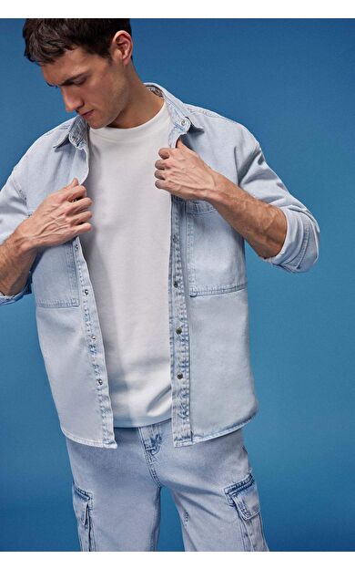 DeFacto Oversize Geniş Kalıp Uzun Kollu Jean Gömlek
