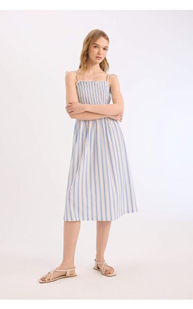 Askılı Çizgili Bürümcük Askılı Midi Elbise