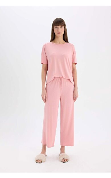 DeFacto Fall in Love Pijama Takımı Kısa Kollu Pijama Üsrü Esnek Belli Geniş Paça Pijama Altı