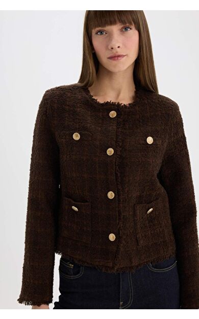 Regular Fit Bisiklet Yaka Tweed Blazer Ceket