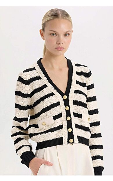 DeFacto Regular Fit V Yaka Çizgili Düğmeli Hırka D8470AX24WNER105