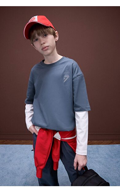 DeFacto Erkek Çocuk Oversize Geniş Kalıp Bisiklet Yaka Baskılı Uzun Kollu Tişört D8488A825SPAR234