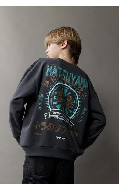 DeFacto Erkek Çocuk Oversize Geniş Kalıp Bisiklet Yaka Sırt Baskılı Sweatshirt