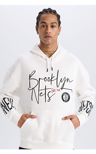 DeFactoFit NBA Brooklyn Nets Oversize Geniş Kalıp Kapüşonlu Kalın Sporcu Sweatshirt