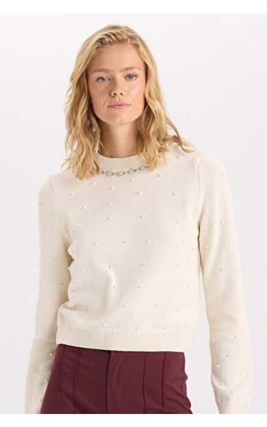 DeFacto Kadın Regular Fit Bisiklet Yaka Taş Detaylı İncili Triko Kazak