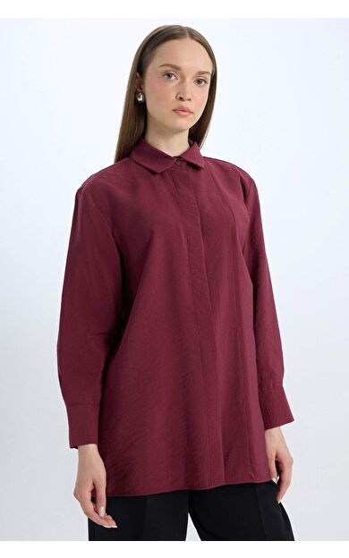 Kadın Relax Fit Gömlek Yaka Modal Basic Düz Uzun Kollu Gömlek Tunik