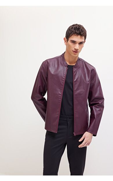DeFacto Su İtici Slim Fit Dar Kesim Dik Yaka Fermuarlı Suni Deri Mont