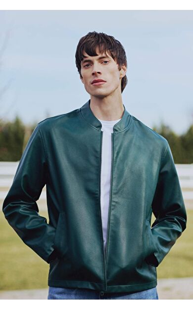 Su İtici Slim Fit Dar Kesim Dik Yaka Fermuarlı Suni Deri Mont