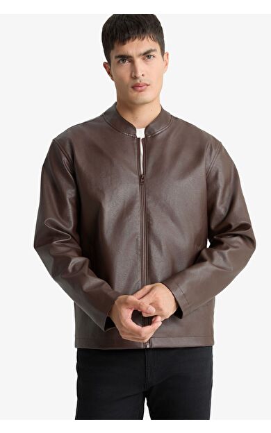 DeFacto Su İtici Slim Fit Dar Kesim Dik Yaka Fermuarlı Suni Deri Mont