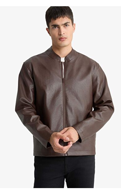 Su İtici Slim Fit Dar Kesim Dik Yaka Fermuarlı Suni Deri Mont