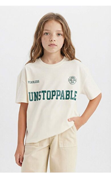 DeFacto Kız Çocuk Relax Fit Bisiklet Yaka Slogan Baskılı Kısa Kollu Tişört D8538A825SMER233