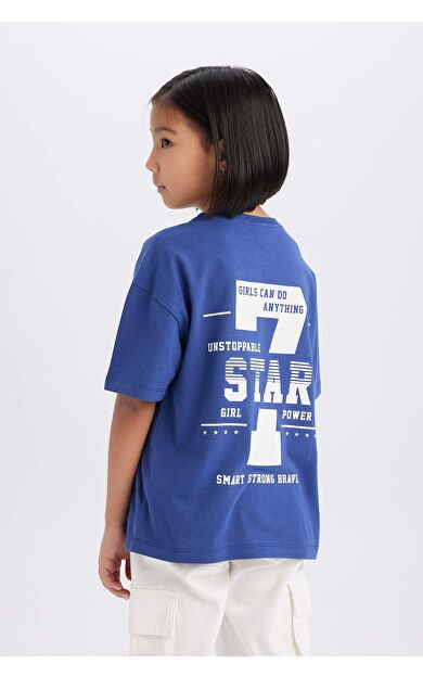 DeFacto Kız Çocuk Oversize Geniş Kalıp Bisiklet Yaka Kısa Kollu Tişört D8540A825SMIN59