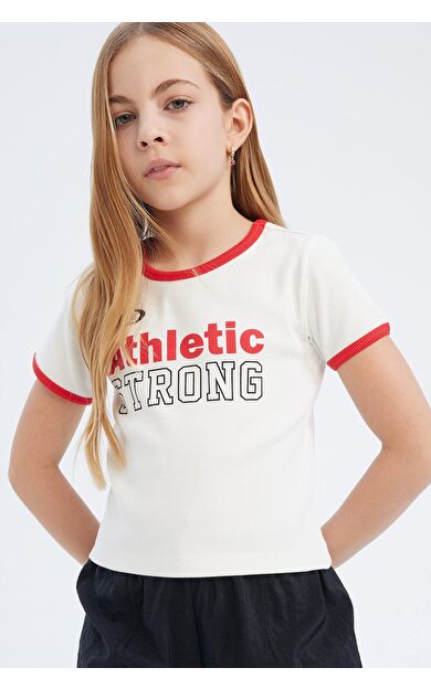 DeFacto Kız Çocuk Slim Fit Dar Kesim Bisiklet Yaka Baskılı Fitilli Kaşkorse Kısa Kollu Tişört D8542A825SMER85
