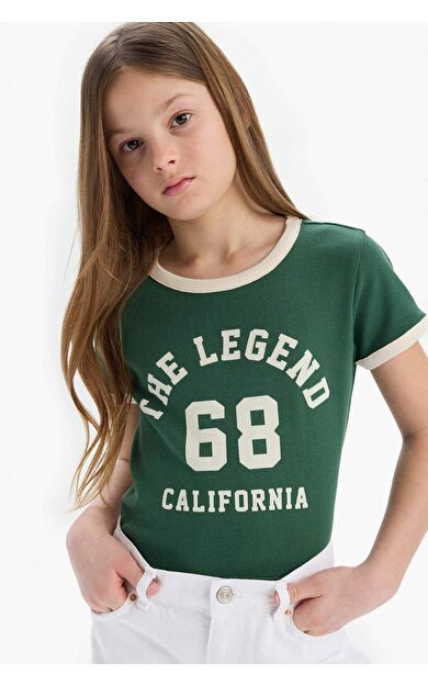 DeFacto Kız Çocuk Slim Fit Dar Kesim Bisiklet Yaka Baskılı Fitilli Kaşkorse Kısa Kollu Tişört D8542A825SMGN149