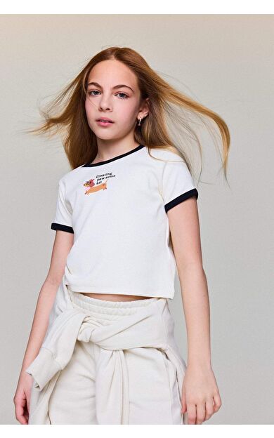 DeFacto Slım Fıt Baskılı Fitilli Kaşkorse Tişört Kız Çocuk