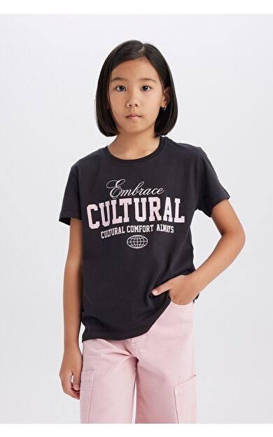 DeFacto Kız Çocuk Regular Fit Bisiklet Yaka Hayvan Desenli Kısa Kollu Tişört D8545A825SMBK56