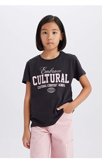 DeFacto Kız Çocuk Regular Fit Bisiklet Yaka Hayvan Desenli Kısa Kollu Tişört D8545A825SMBK56