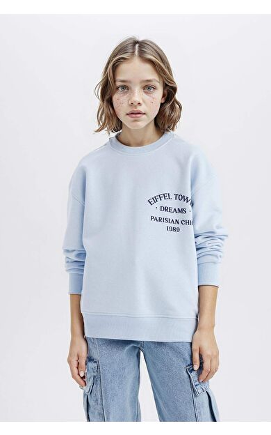 DeFacto Kız Çocuk Relax Fit Bisiklet Yaka Baskılı Sweatshirt D8546A825SPBE745