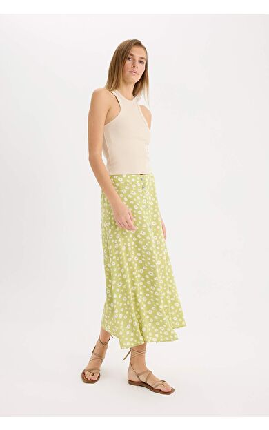 DeFacto A Form Floral Yüksek Bel Maroken Midi Etek