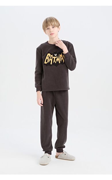 DeFacto Erkek Çocuk Batman Pijama Takımı Polar Bisiklet Yaka Uzun Kollu Üst Beli Lastikli Uzun Alt