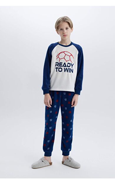 DeFacto Erkek Çocuk Polar Pijama Takımı Bisiklet Yaka Baskılı Uzun Kollu Üst Beli Lastikli Uzun Alt