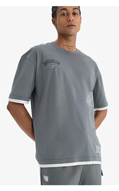 DeFactoFit NBA Brooklyn Nets Oversize Geniş Kalıp Bisiklet Yaka Kısa Kollu Tişört