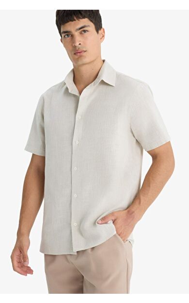 DeFacto Regular Fit Polo Yaka Keten Görünümlü Pamuklu Yazlık Kısa Kollu Gömlek D8613AX25SMBG74