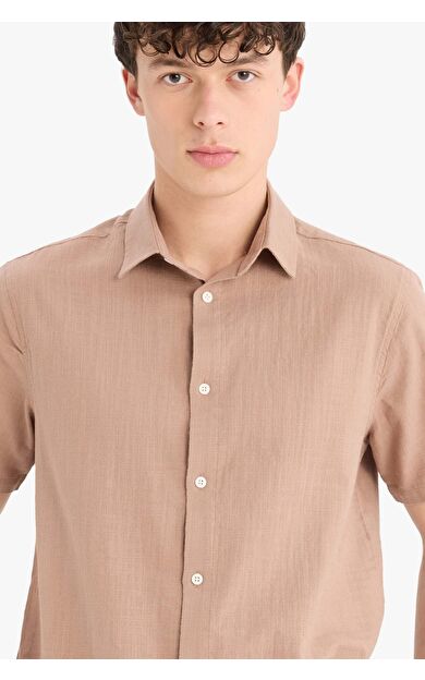 DeFacto Regular Fit Polo Yaka Keten Görünümlü Pamuklu Yazlık Kısa Kollu Gömlek D8613AX25SMBN300
