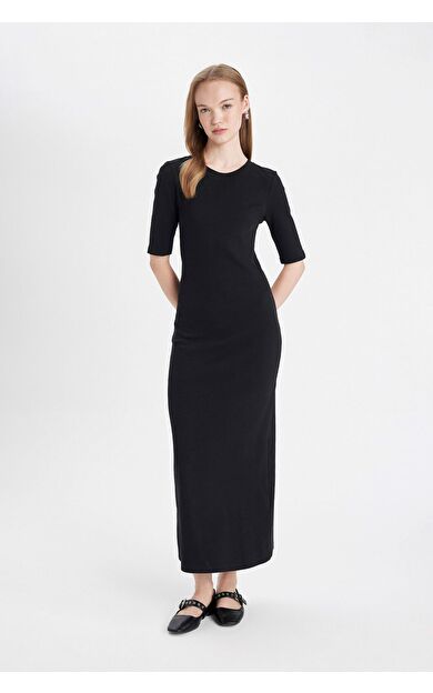 DeFacto Bodycon Bisiklet Yaka Fitilli Kaşkorse Yarım Kollu Maxi Elbise
