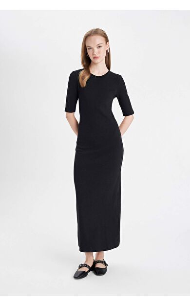 Bodycon Bisiklet Yaka Fitilli Kaşkorse Yarım Kollu Maxi Elbise