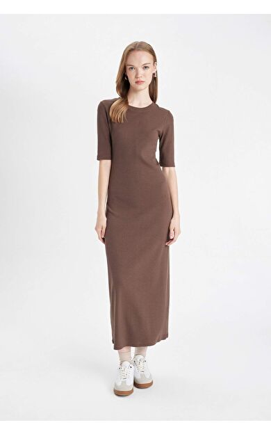 DeFacto Bodycon Bisiklet Yaka Fitilli Kaşkorse Kısa Kollu Maxi Elbise