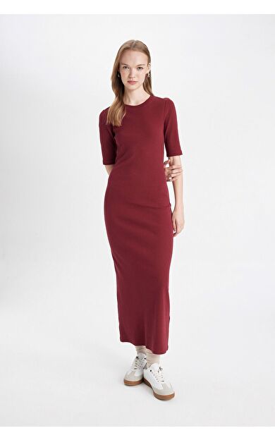 DeFacto Bodycon Bisiklet Yaka Fitilli Kaşkorse Kısa Kollu Maxi Elbise