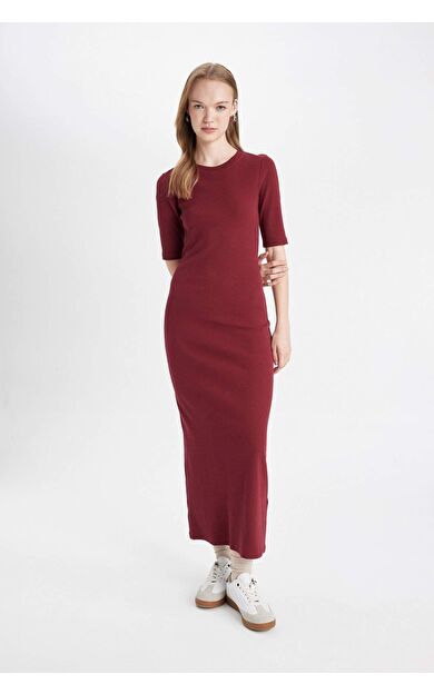 Bodycon Bisiklet Yaka Fitilli Kaşkorse Kısa Kollu Maxi Elbise