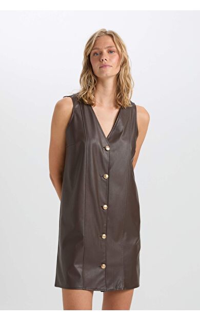 A Kesim V Yaka Basic Düz Düğme Kapamalı Suni Deri Kolsuz Mini  Elbise