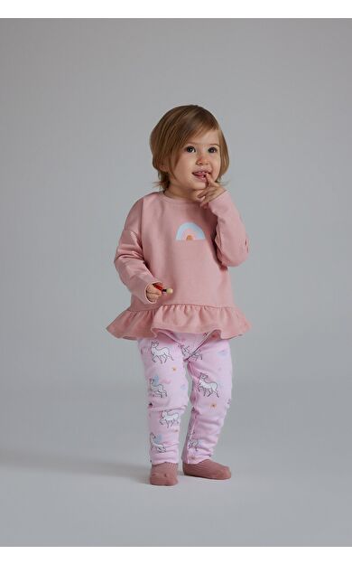 DeFacto Kız Bebek 2'li Takım Bisiklet Yaka Sweatshirt Unicorn Baskılı Beli Lastikli Alt