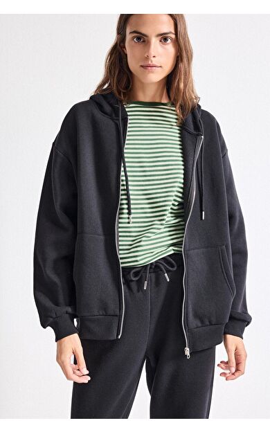 DeFacto Okula Dönüş Relax Fıt Kapüşonlu Basıc Düz Kalın Sweatshirt Kumaşı Hırka