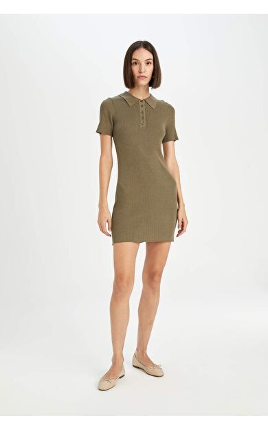 Fitted Polo Yaka  Basic Kısa Kollu Mini Triko Elbise