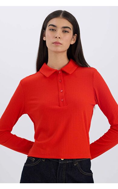 DeFacto Slim Fit Dar Kesim Polo Yaka Casual Fitilli Kaşkorse Uzun Kollu Tişört