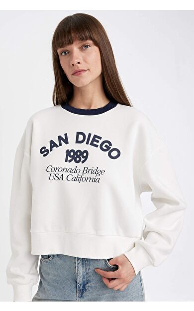 DeFacto Boxy Fit Bisiklet Yaka Baskılı Kalın Casual Sweatshirt