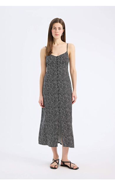 Straıght Fıt Kalp Yaka Floral Maroken Kolsuz Midi Elbise