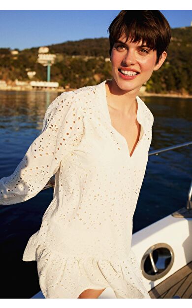 Apaş Yaka Brode Uzun Kollu Mini Plaj Elbisesi-Fall in Love