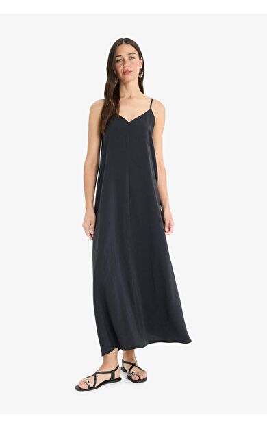 A Kesim V Yaka Modal Kolsuz Maxi Elbise