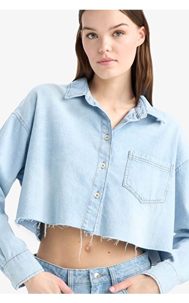 DeFacto Cropped Fit Kesik Uçlu Yumuşak Jean Gömlek